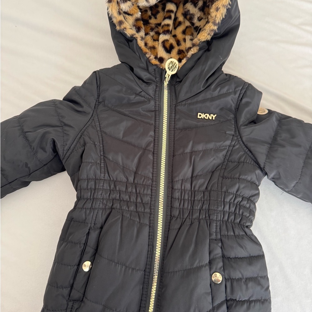 Kids DKNY Black Jacket with Animal Print Hood